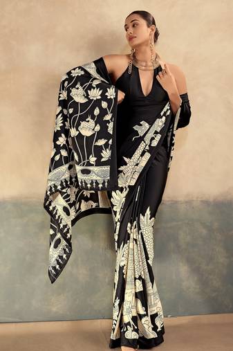 Black printed satin silk saree with unstitched blouse