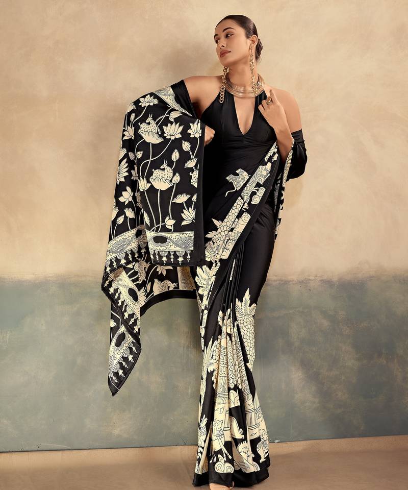 Black printed satin silk saree with unstitched blouse