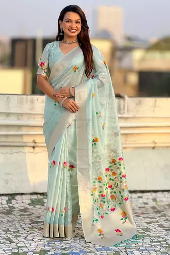 Light blue with multicolor accents  woven zari floral motifs work 
   paithani style saree  with blouse piece