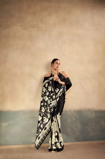 Black printed satin silk saree with unstitched blouse