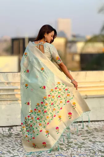 Light blue with multicolor accents  woven zari floral motifs work 
   paithani style saree  with blouse piece