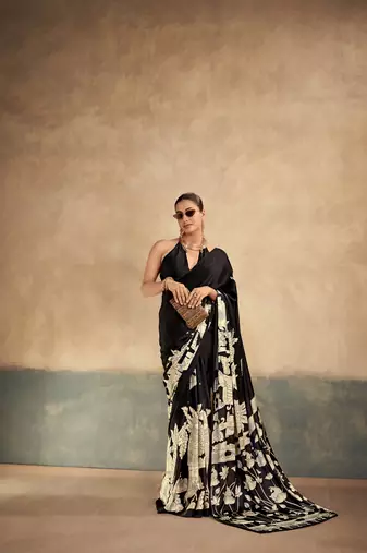 Black printed satin silk saree with unstitched blouse