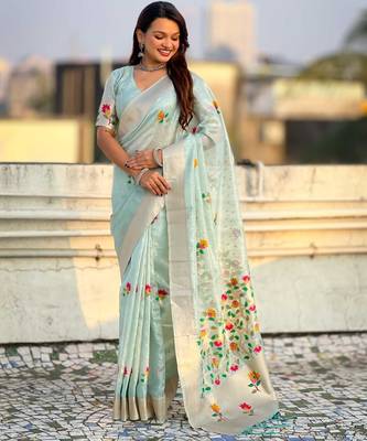 Light blue with multicolor accents  woven zari floral motifs work 
   paithani style saree  with blouse piece 3