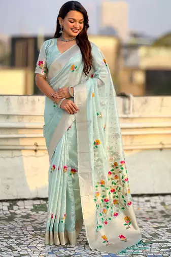 Light blue with multicolor accents  woven zari floral motifs work 
   paithani style saree  with blouse piece