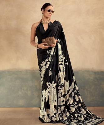 Black printed satin silk saree with unstitched blouse 4