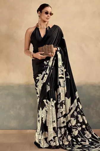 Black printed satin silk saree with unstitched blouse