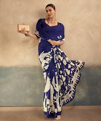 Nevy blue printed satin silk saree with unstitched blouse 1