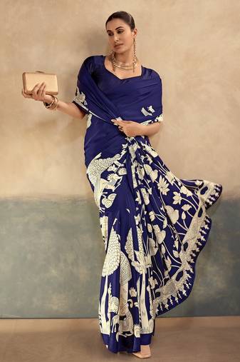 Nevy blue printed satin silk saree with unstitched blouse
