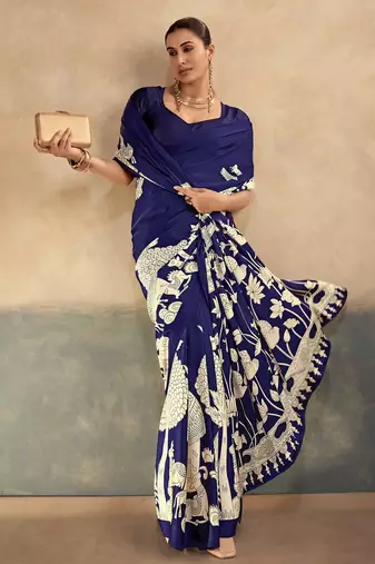 Nevy blue printed satin silk saree with unstitched blouse