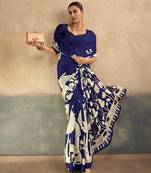 Nevy blue printed satin silk saree with unstitched blouse
