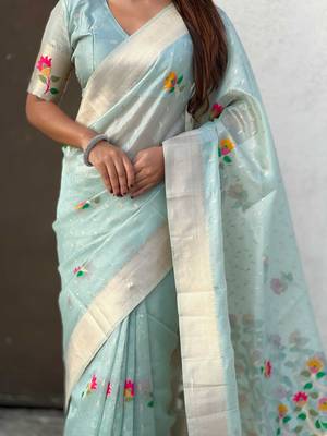Light blue with multicolor accents  woven zari floral motifs work 
   paithani style saree  with blouse piece 5