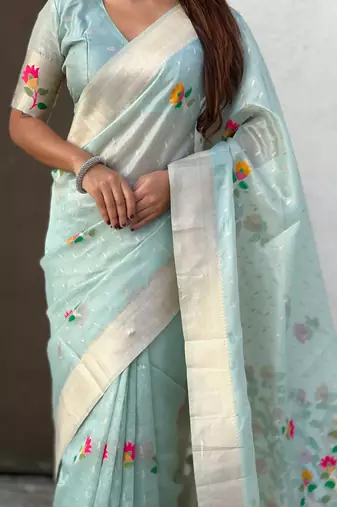 Light blue with multicolor accents  woven zari floral motifs work 
   paithani style saree  with blouse piece