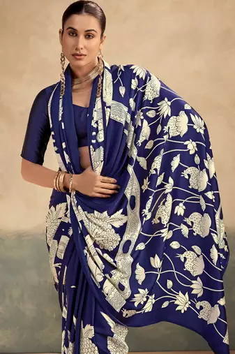 Nevy blue printed satin silk saree with unstitched blouse