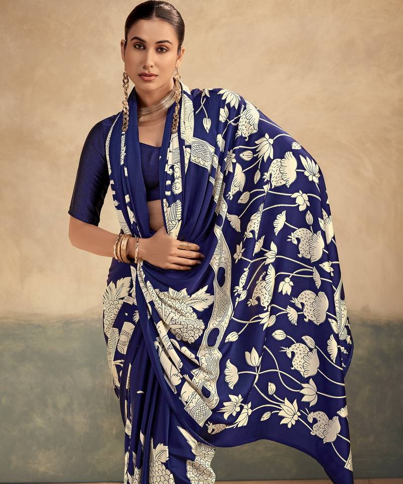 Nevy blue printed satin silk saree with unstitched blouse