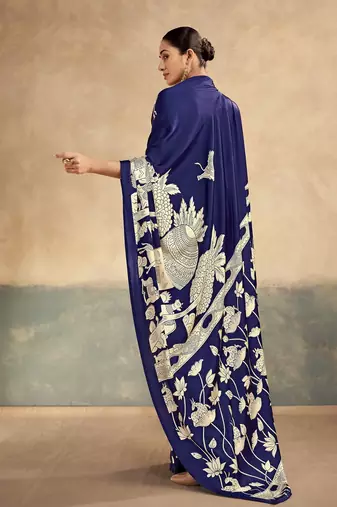 Nevy blue printed satin silk saree with unstitched blouse
