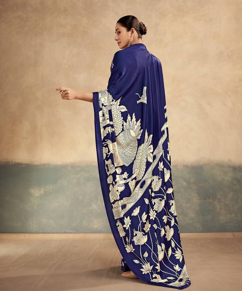 Nevy blue printed satin silk saree with unstitched blouse