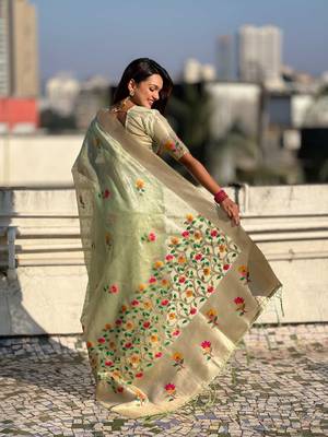 Green with multicolor accents  woven zari floral motifs work
 paithani style saree  with blouse piece 2