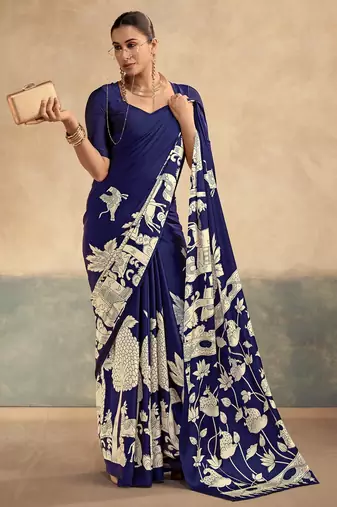 Nevy blue printed satin silk saree with unstitched blouse