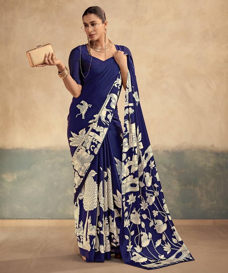 Nevy blue printed satin silk saree with unstitched blouse