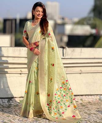 Green with multicolor accents  woven zari floral motifs work
 paithani style saree  with blouse piece 3