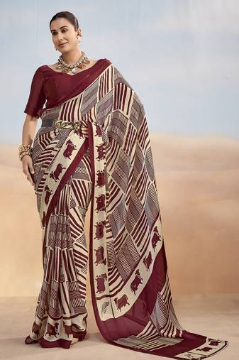 Maroon yellow contemporary printed satin silk saree with blouse piece