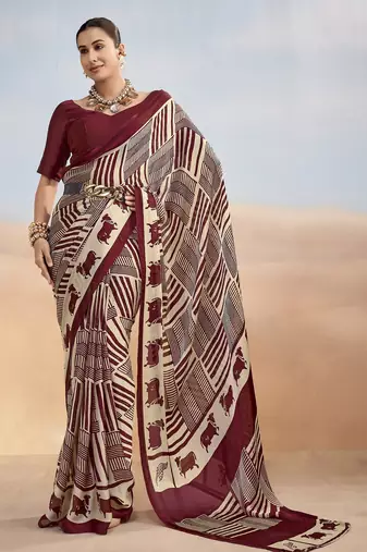 Maroon yellow contemporary printed satin silk saree with blouse piece