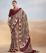 Maroon yellow contemporary printed satin silk saree with blouse piece
