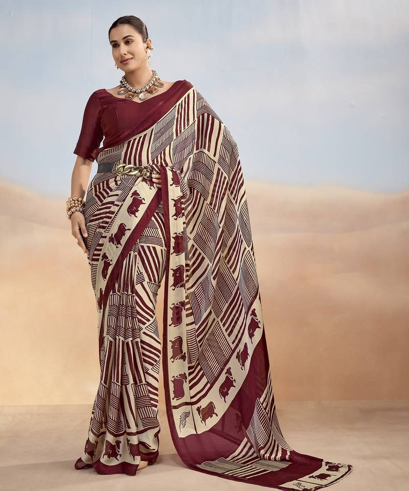 Maroon yellow contemporary printed satin silk saree with blouse piece