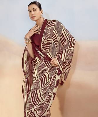 Maroon yellow contemporary printed satin silk saree with blouse piece 2