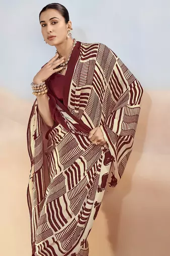 Maroon yellow contemporary printed satin silk saree with blouse piece