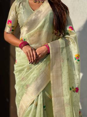 Green with multicolor accents  woven zari floral motifs work
 paithani style saree  with blouse piece 5