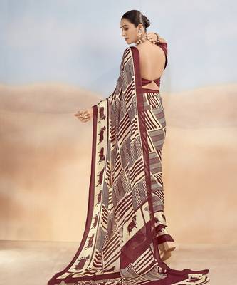Maroon yellow contemporary printed satin silk saree with blouse piece 3