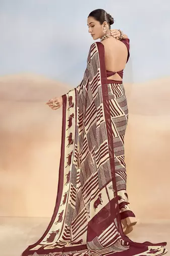 Maroon yellow contemporary printed satin silk saree with blouse piece