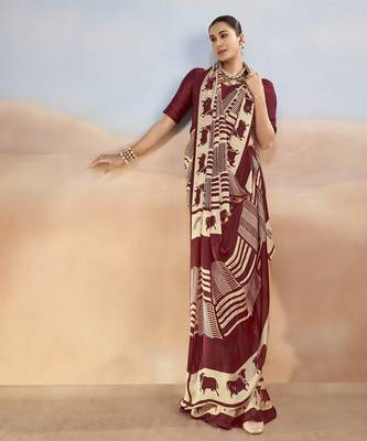 Maroon yellow contemporary printed satin silk saree with blouse piece 4