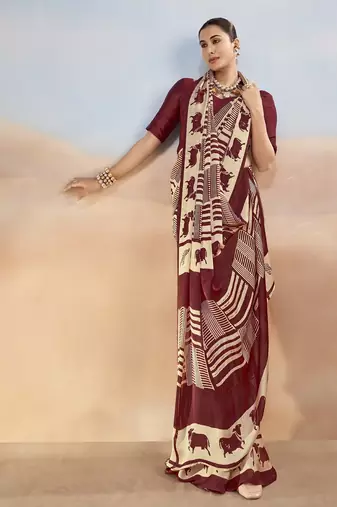 Maroon yellow contemporary printed satin silk saree with blouse piece