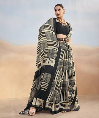 Black yellow contemporary printed satin silk saree with blouse piece 1