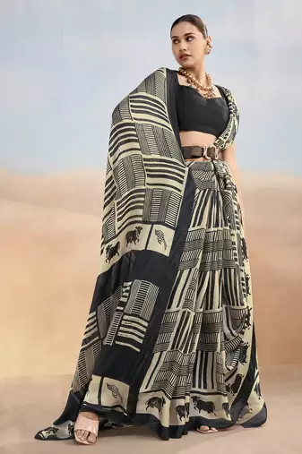 Black yellow contemporary printed satin silk saree with blouse piece