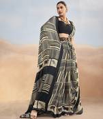 Black yellow contemporary printed satin silk saree with blouse piece