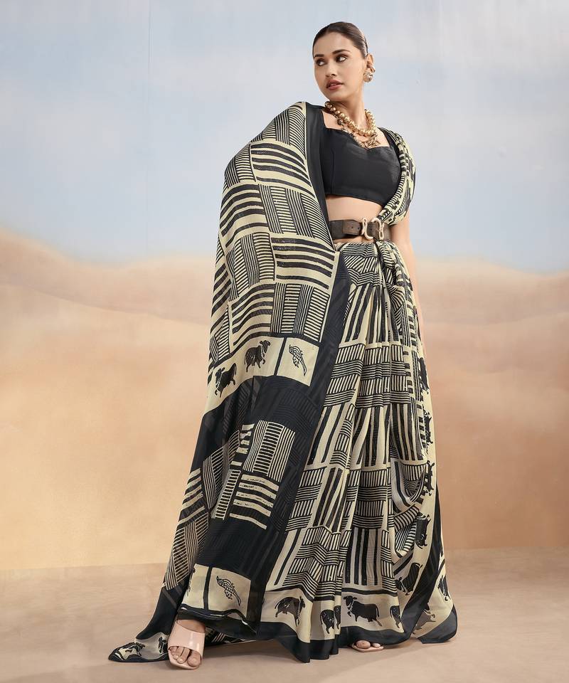 Black yellow contemporary printed satin silk saree with blouse piece