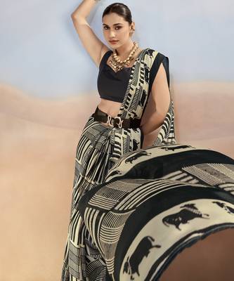 Black yellow contemporary printed satin silk saree with blouse piece 2