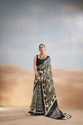 Black yellow contemporary printed satin silk saree with blouse piece 3