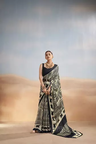 Black yellow contemporary printed satin silk saree with blouse piece