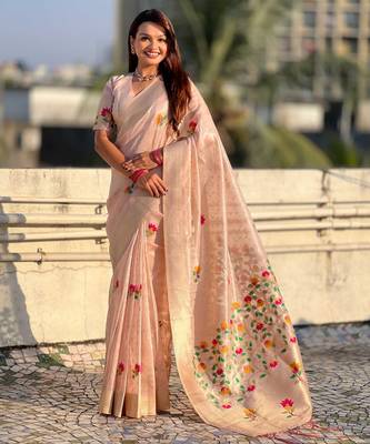 Pink with multicolor accents  woven zari floral motifs work paithani style saree  with blouse piece 1