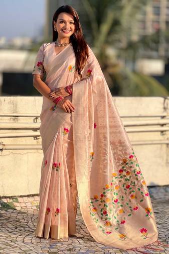 Pink with multicolor accents  woven zari floral motifs work paithani style saree  with blouse piece