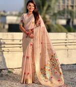 Pink with multicolor accents  woven zari floral motifs work paithani style saree  with blouse piece