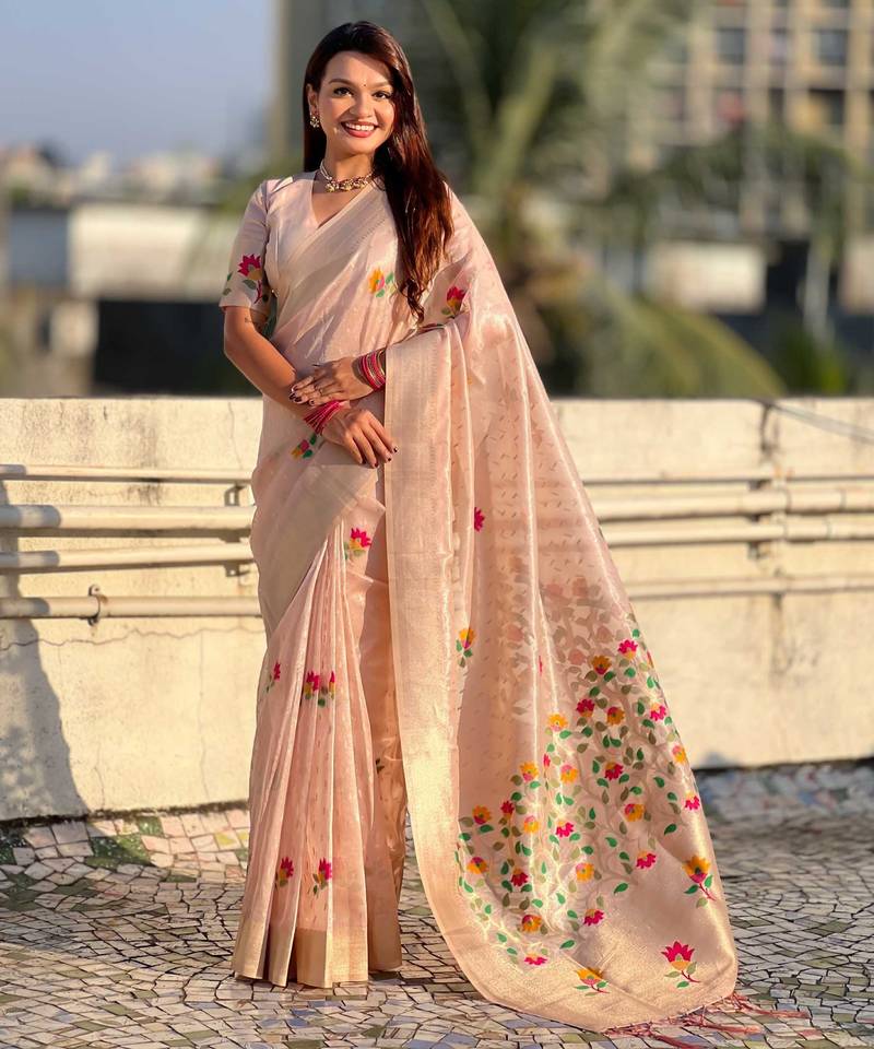Pink with multicolor accents  woven zari floral motifs work paithani style saree  with blouse piece