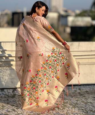 Pink with multicolor accents  woven zari floral motifs work paithani style saree  with blouse piece 2