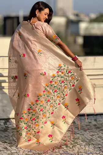 Pink with multicolor accents  woven zari floral motifs work paithani style saree  with blouse piece