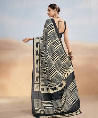Black yellow contemporary printed satin silk saree with blouse piece 4