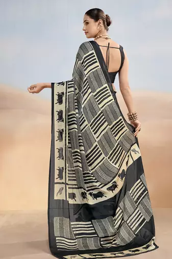 Black yellow contemporary printed satin silk saree with blouse piece